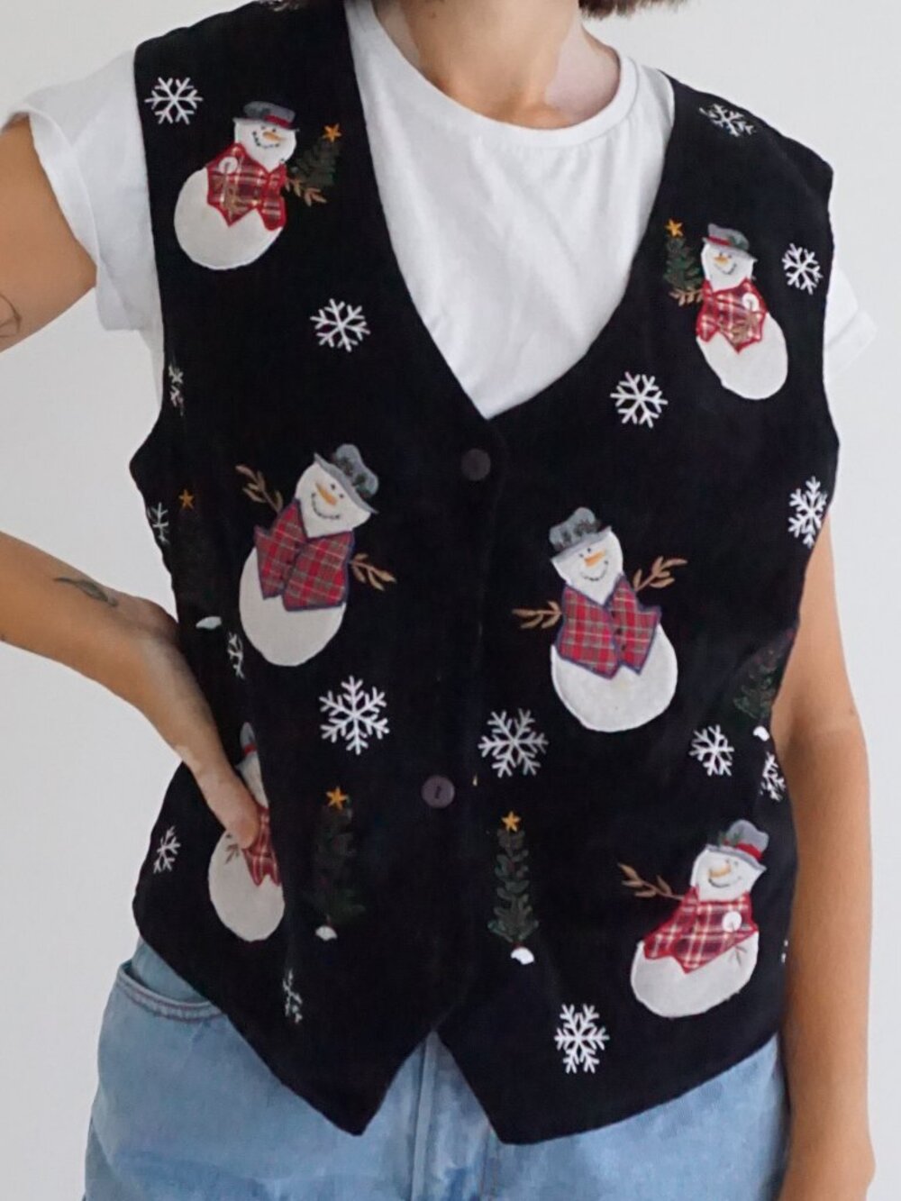 Vintage New Direction Black Snowman Snowflake Plaid Holiday Button Front Vest M